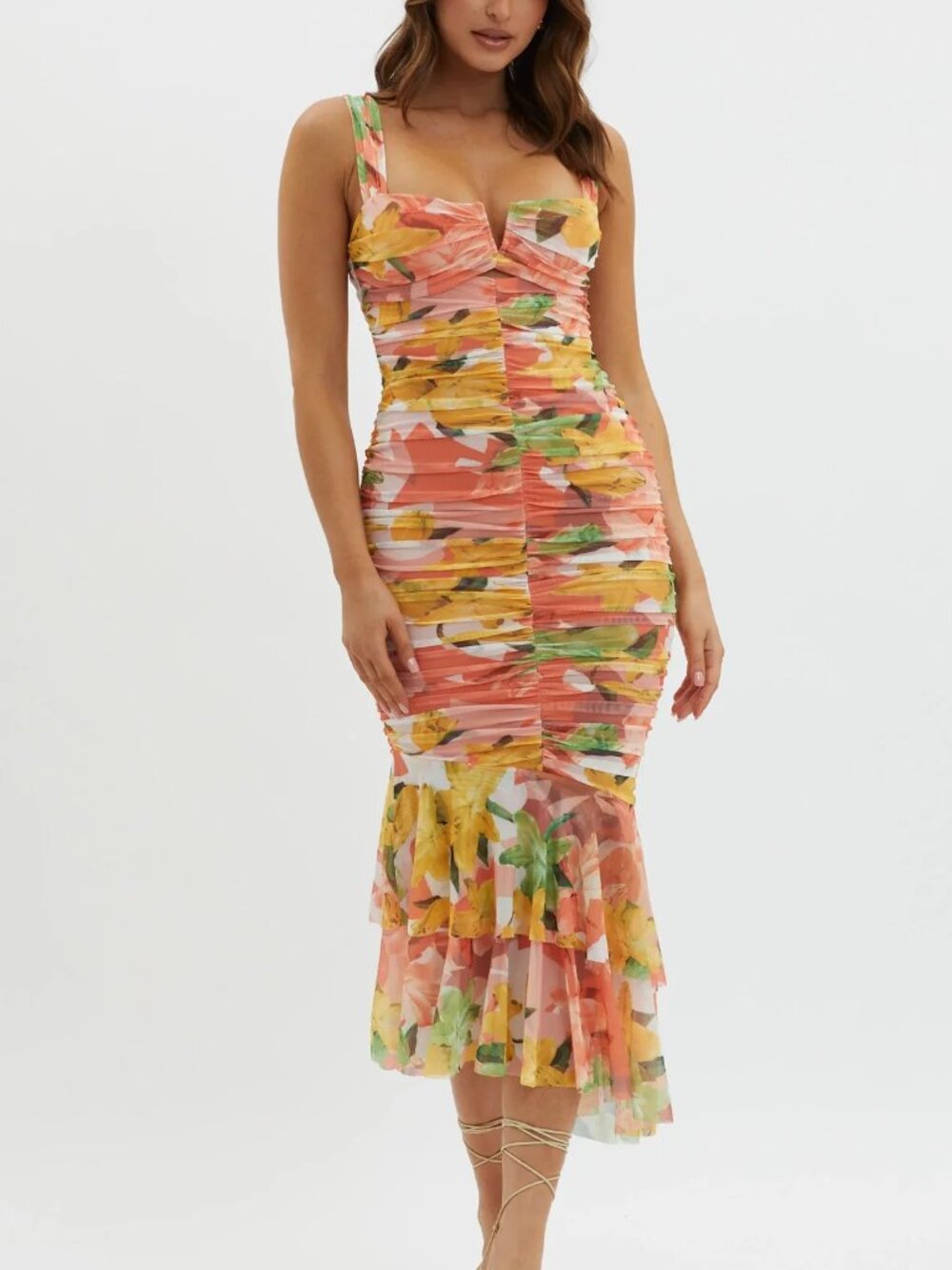 Selfie Leslie Nadia Ruched Fishtail Midi Dress Floral Orange | Size S | NWT